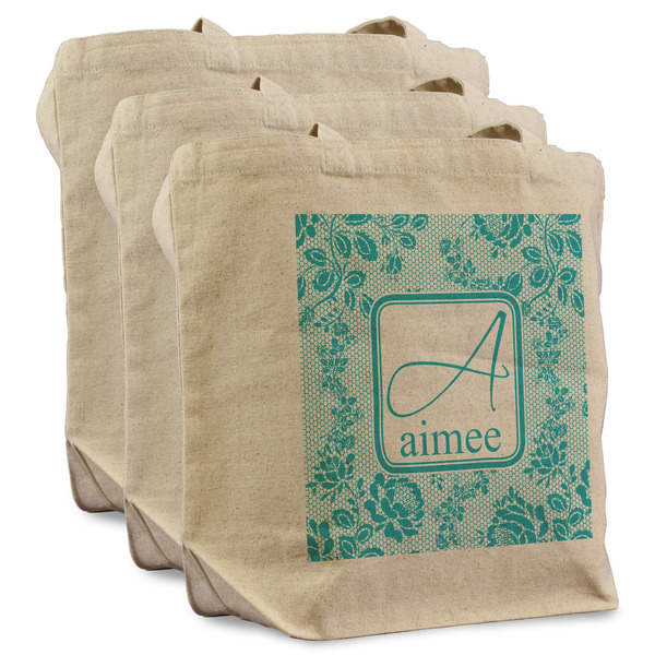 Lace 3 Reusable Cotton Grocery Bags - Front View