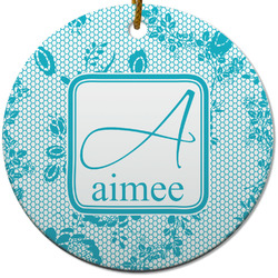 Lace Round Ceramic Ornament w/ Name and Initial