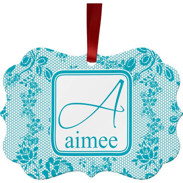 Custom Lace Metal Frame Ornament - Double Sided w/ Name and Initial