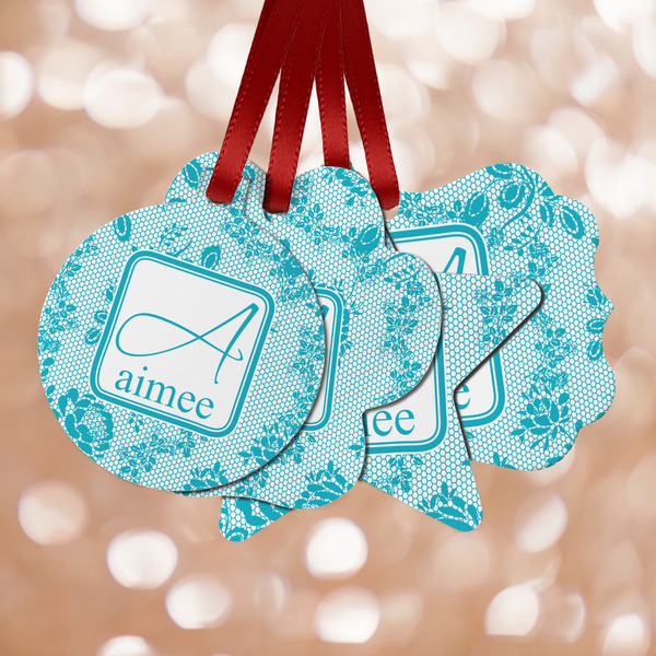 Custom Lace Metal Ornaments - Double Sided w/ Name and Initial
