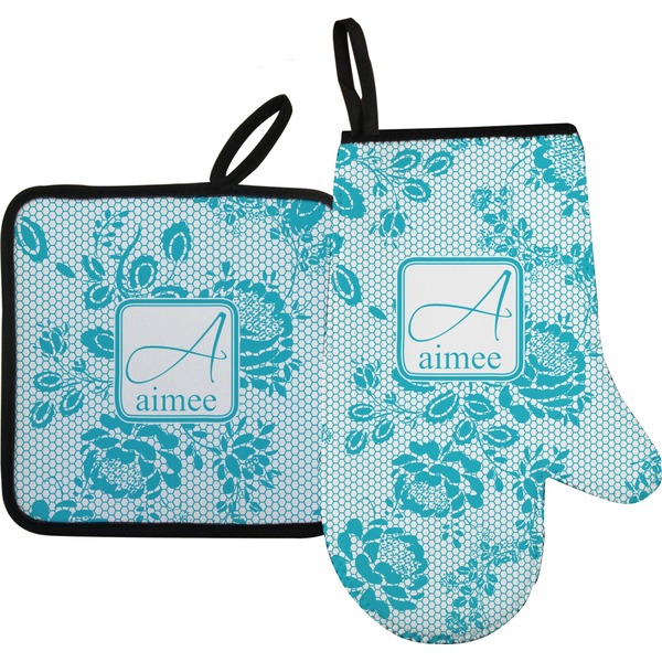 Custom Lace Oven Mitt & Pot Holder Set w/ Name and Initial