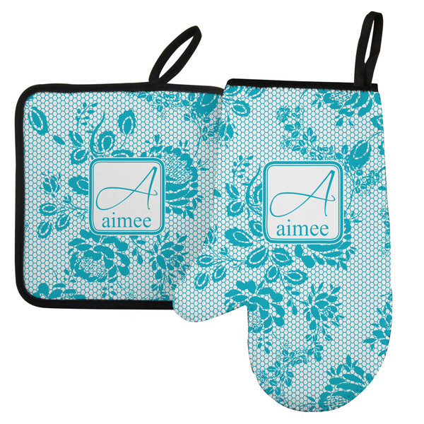 Custom Lace Left Oven Mitt & Pot Holder Set w/ Name and Initial