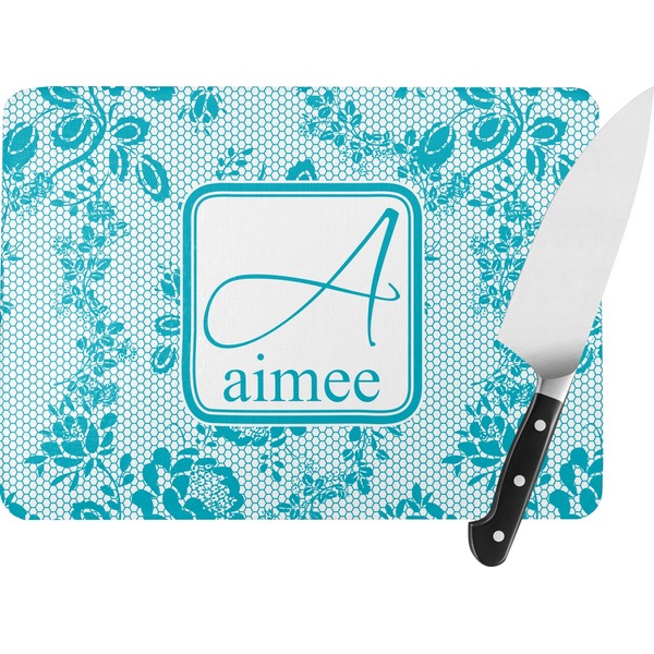 Custom Lace Rectangular Glass Cutting Board - Large - 15.25"x11.25" w/ Name and Initial