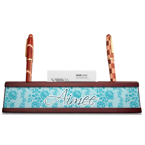 Lace Red Mahogany Nameplates with Business Card Holder - Straight