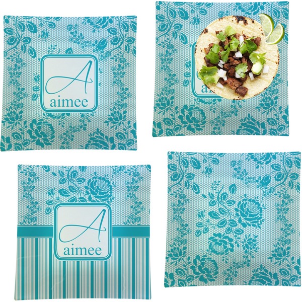 Custom Lace Set of 4 Glass Square Lunch / Dinner Plate 9.5" (Personalized)