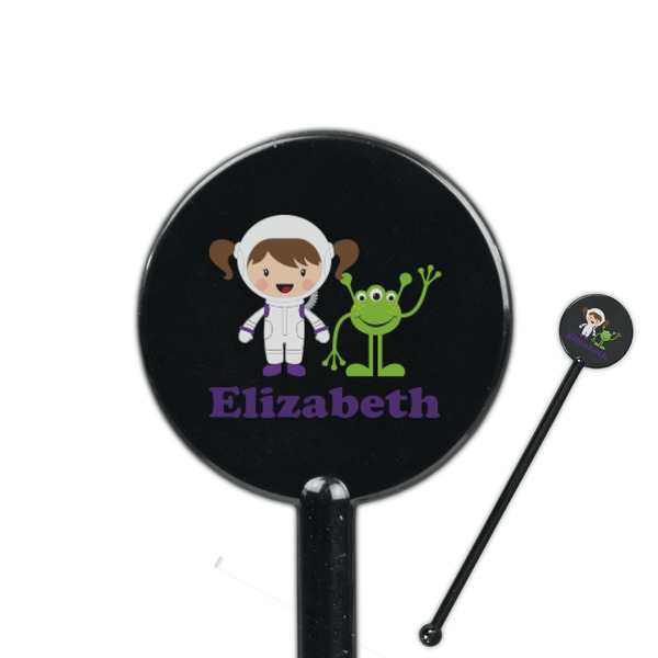 Custom Girls Astronaut 5.5" Round Plastic Stir Sticks - Black - Single Sided (Personalized)