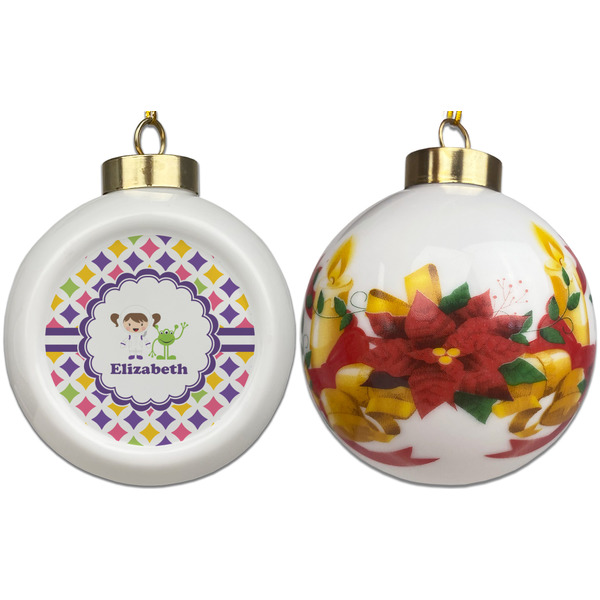 Girls Astronaut Ceramic Christmas Ornament - Poinsettias (APPROVAL)