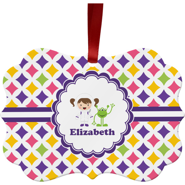 Custom Girls Astronaut Metal Frame Ornament - Double Sided w/ Name or Text