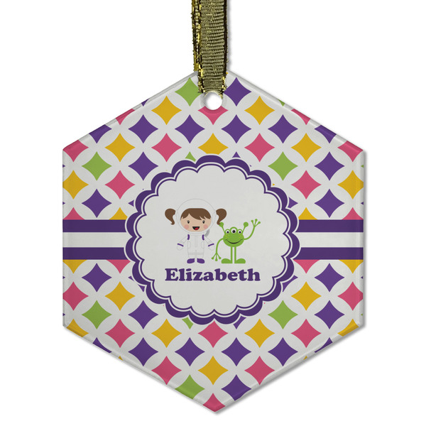 Custom Girls Astronaut Flat Glass Ornament - Hexagon w/ Name or Text