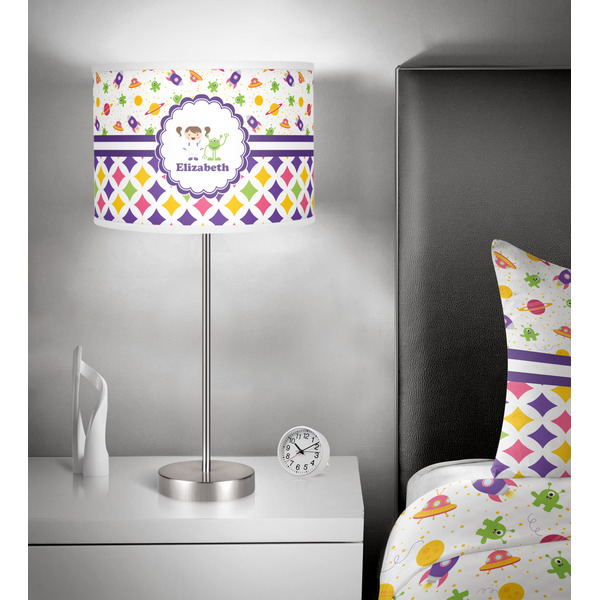 Girl's Space & Geometric Print 13 inch drum lamp shade - in room