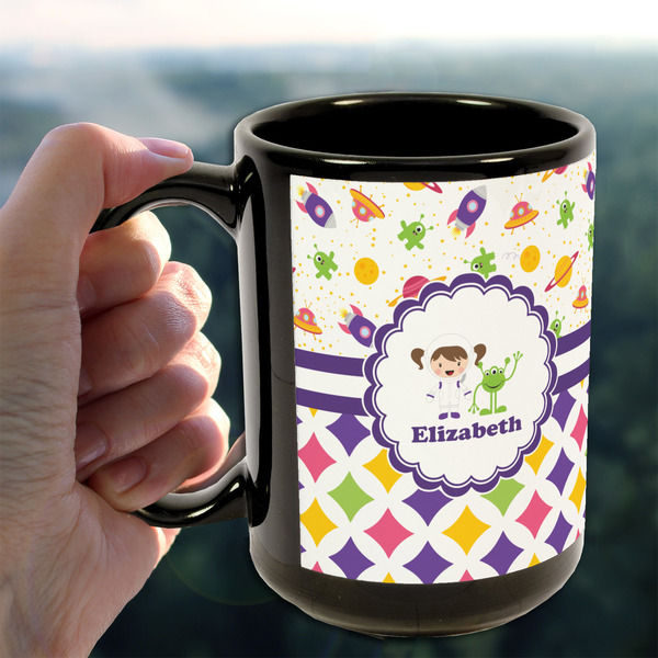 Girl's Space & Geometric Print 15oz. Black Mug - LIFESTYLE