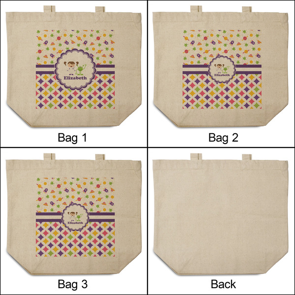 Girl's Space & Geometric Print 3 Reusable Cotton Grocery Bags - Front & Back View