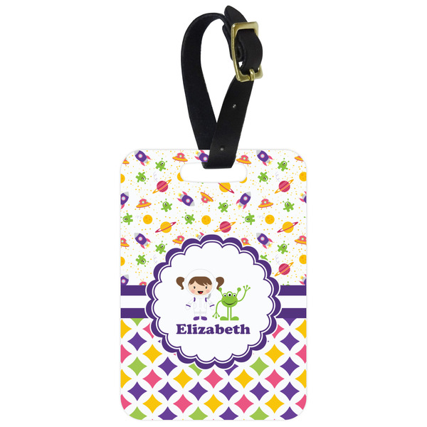 Custom Girl's Space & Geometric Print Metal Luggage Tag w/ Name or Text