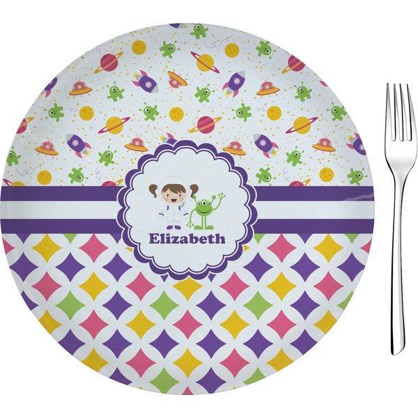 Custom Girl's Space & Geometric Print Glass Appetizer / Dessert Plate 8" (Personalized)