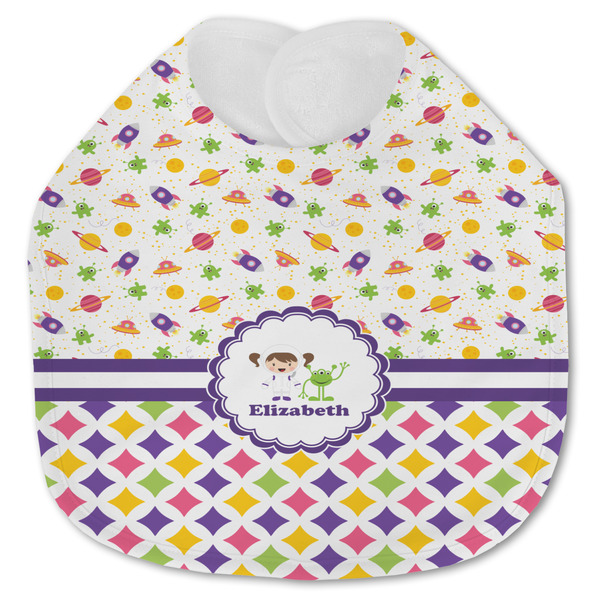 Custom Girl's Space & Geometric Print Jersey Knit Baby Bib w/ Name or Text