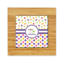 Girl's Space & Geometric Print Bamboo Trivet with Ceramic Tile Insert (Personalized)