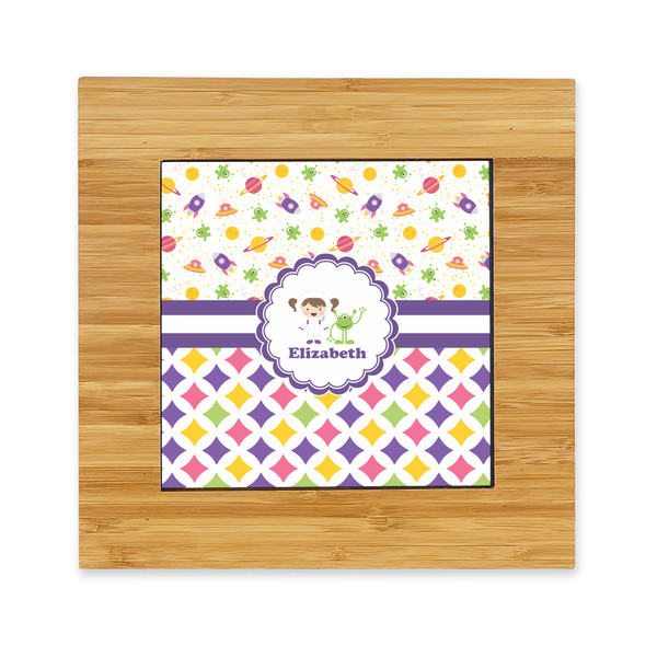 Custom Girl's Space & Geometric Print Bamboo Trivet with Ceramic Tile Insert (Personalized)