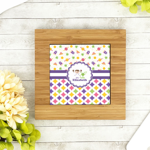 Girl's Space & Geometric Print Bamboo Trivet with 6" Tile - LIFESTYLE