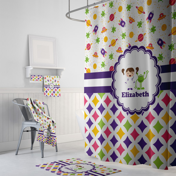 Girl's Space & Geometric Print Bath Towel Sets - 3-piece - In Context