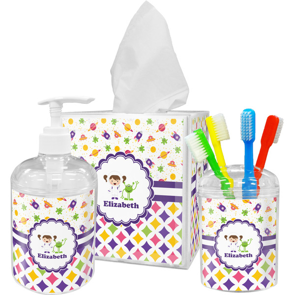 Custom Girl's Space & Geometric Print Acrylic Bathroom Accessories Set w/ Name or Text