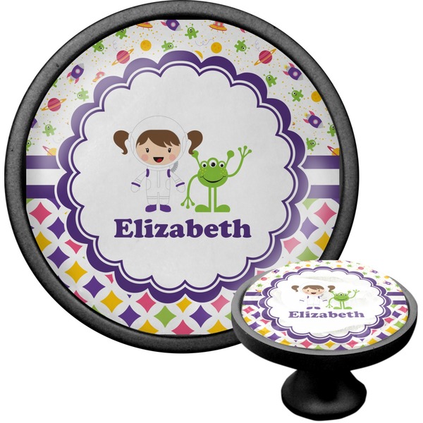 Custom Girl's Space & Geometric Print Cabinet Knob (Black) (Personalized)