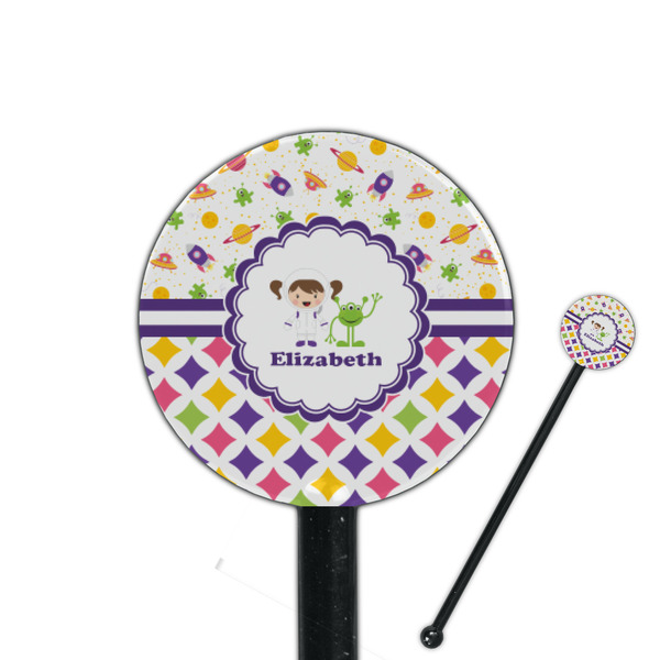 Custom Girl's Space & Geometric Print 5.5" Round Plastic Stir Sticks - Black - Single Sided (Personalized)