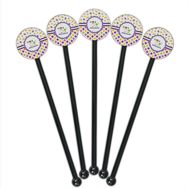 Girl's Space & Geometric Print Black Plastic 5.5" Stir Stick - Round - Fan View