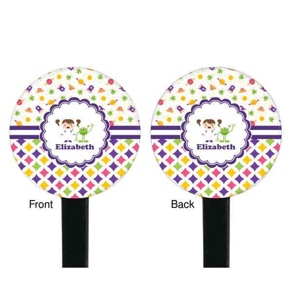 Girl's Space & Geometric Print Black Plastic 7" Stir Stick - Double Sided - Round - Front & Back