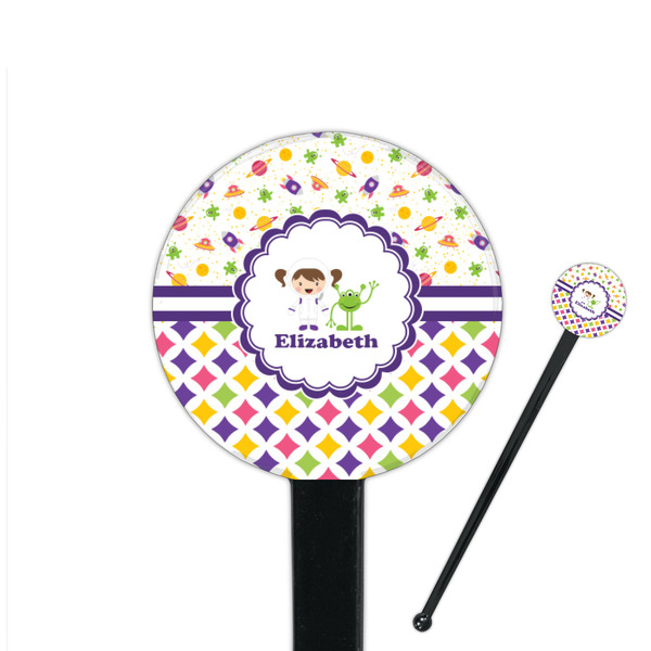 Custom Girl's Space & Geometric Print 7" Round Plastic Stir Sticks - Black - Double Sided (Personalized)