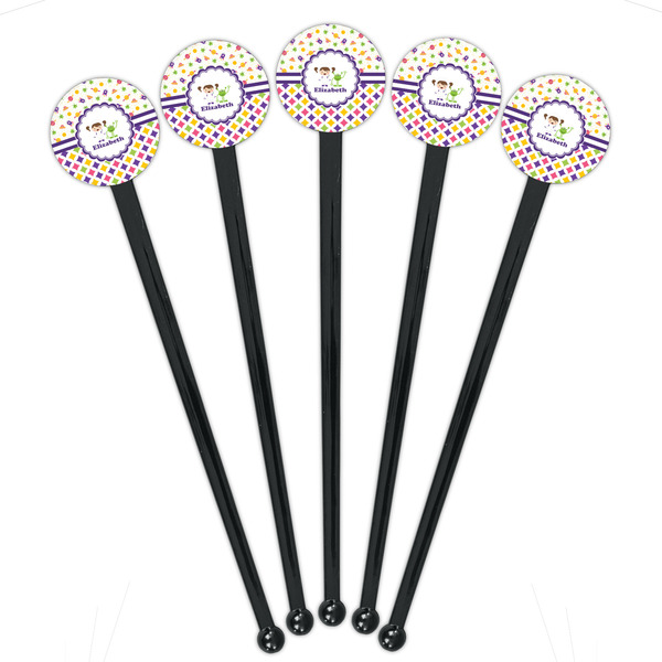 Girl's Space & Geometric Print Black Plastic 7" Stir Stick - Round - Fan View