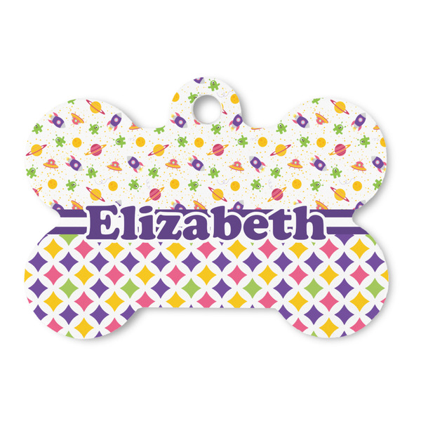 Custom Girl's Space & Geometric Print Bone Shaped Dog ID Tag (Personalized)
