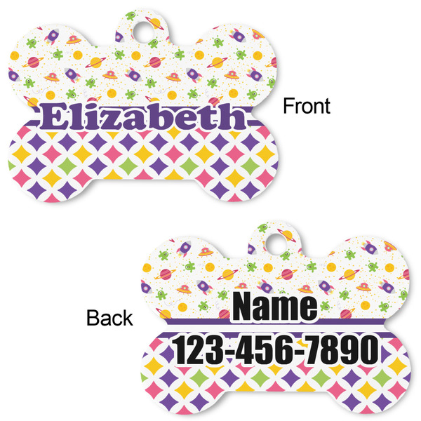 Girl's Space & Geometric Print Bone Shaped Dog Tag - Front & Back