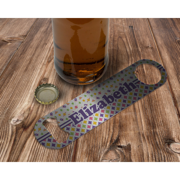 Girl's Space & Geometric Print Bottle Opener - In Use