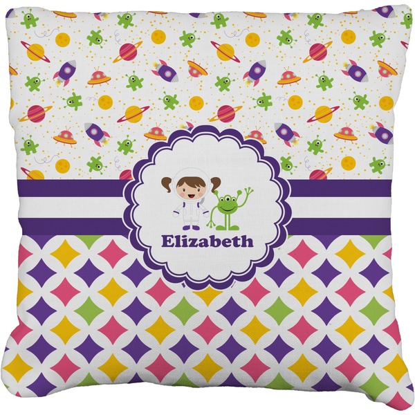 Custom Girl's Space & Geometric Print Faux-Linen Throw Pillow 16" (Personalized)