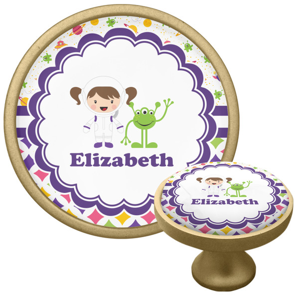 Custom Girl's Space & Geometric Print Cabinet Knob - Gold (Personalized)