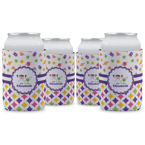 Custom Girl's Space & Geometric Print Can Cooler (12 oz) - Set of 4 w/ Name or Text