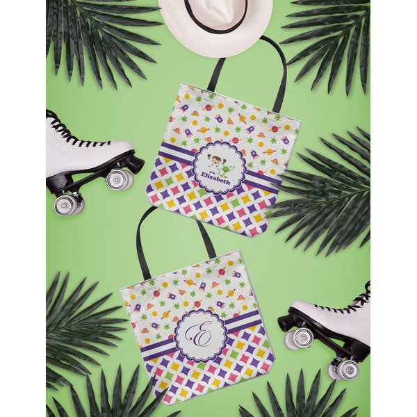 Girl's Space & Geometric Print Canvas Tote Lifestyle Front and Back- 13x13