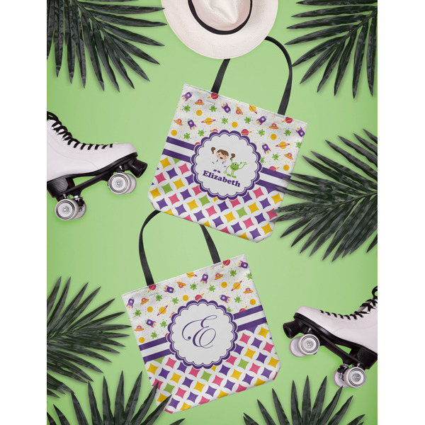 Girl's Space & Geometric Print Canvas Tote Lifestyle Front and Back