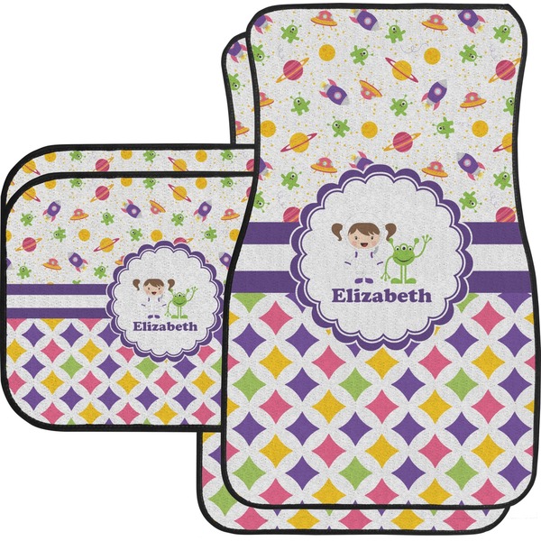 Custom Girl's Space & Geometric Print Car Floor Mats Set - 2 Front & 2 Back (Personalized)