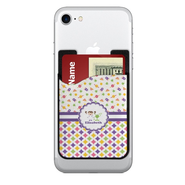 Custom Girl's Space & Geometric Print 2-in-1 Cell Phone Credit Card Holder & Screen Cleaner (Personalized)