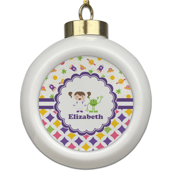 Custom Girl's Space & Geometric Print Ceramic Ball Ornament (Personalized)