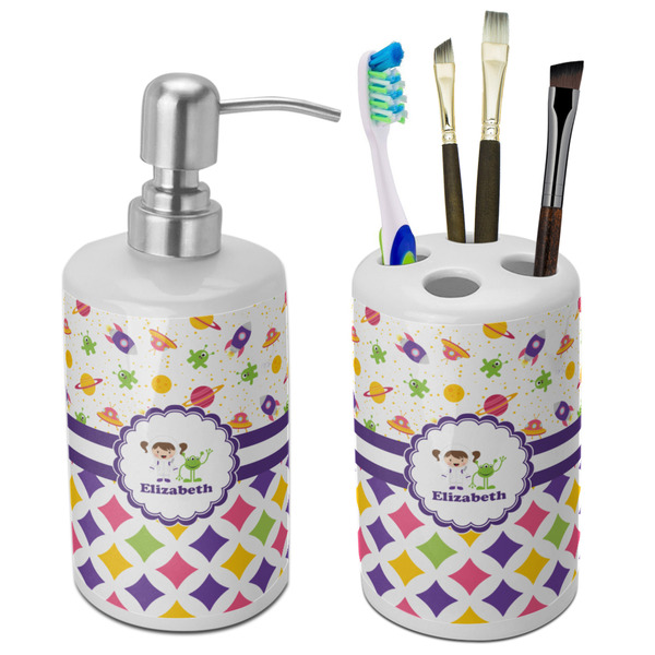 Custom Girl's Space & Geometric Print Ceramic Bathroom Accessories Set (Personalized)