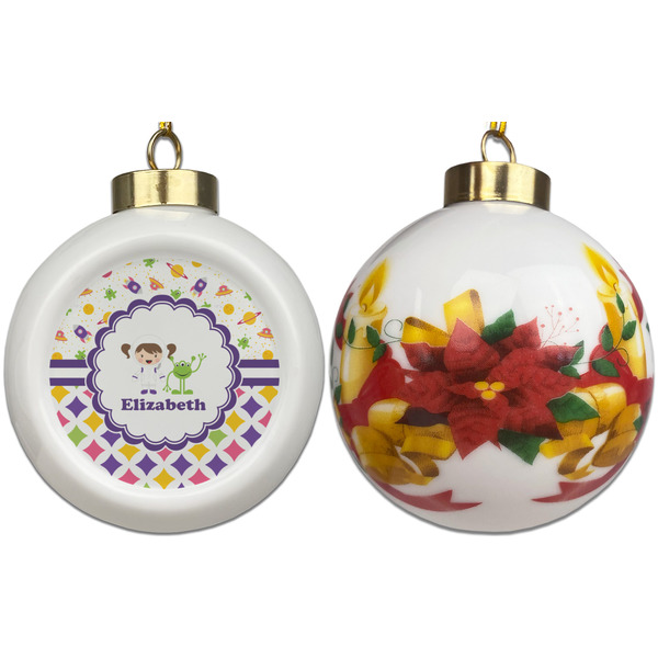 Girl's Space & Geometric Print Ceramic Christmas Ornament - Poinsettias (APPROVAL)