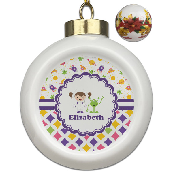 Custom Girl's Space & Geometric Print Ceramic Ball Ornaments - Poinsettia Garland (Personalized)