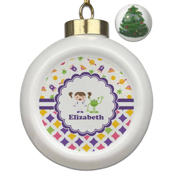 Custom Girl's Space & Geometric Print Ceramic Ball Ornament - Christmas Tree (Personalized)