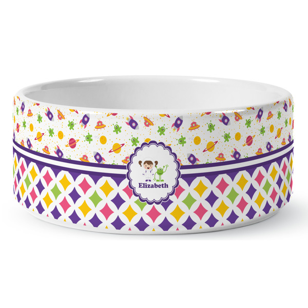 Girl's Space & Geometric Print Ceramic Dog Bowl - Medium - Front