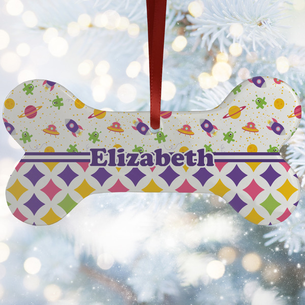 Custom Girl's Space & Geometric Print Ceramic Dog Ornament w/ Name or Text