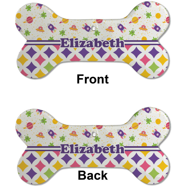 Girl's Space & Geometric Print Ceramic Flat Ornament - Bone Front & Back (APPROVAL)