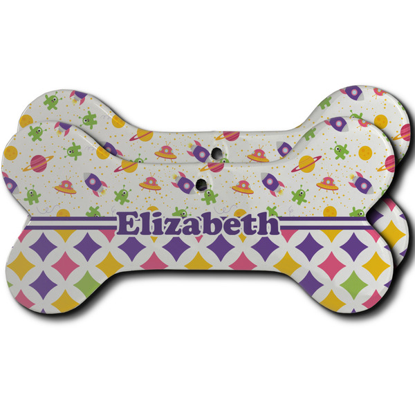 Custom Girl's Space & Geometric Print Ceramic Dog Ornament - Front & Back w/ Name or Text