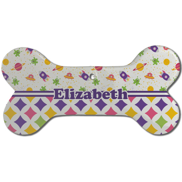 Custom Girl's Space & Geometric Print Ceramic Dog Ornament - Front w/ Name or Text
